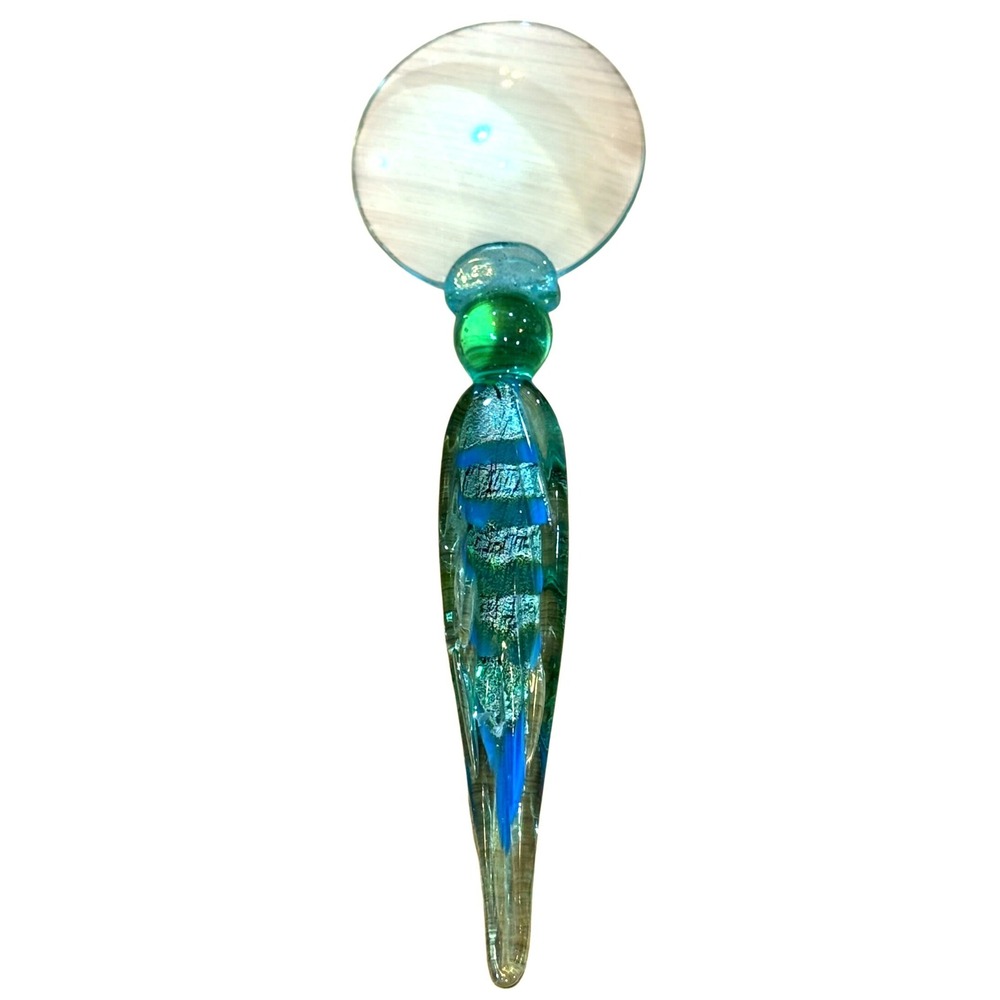 Art Glass Magnifying Glass Blue Green Silver Foil Swirl Hand Blown Desk Decor